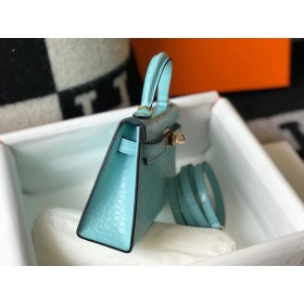 Hermes Kelly Mini II Handmade Bag In Blue Atoll Crocodile Embossed Leather