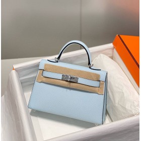 Hermes Kelly Mini II Bag In Blue Brume Epsom Leather PHW