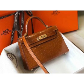 Hermes Kelly Mini II Handmade Bag In Brown Crocodile Embossed Leather