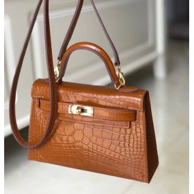 Hermes Kelly Mini II Handmade Bag In Brown Crocodile Embossed Leather