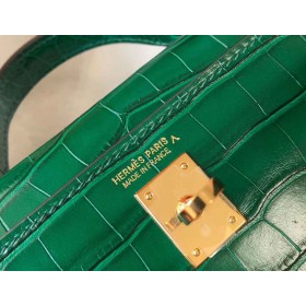 Hermes Kelly Mini II Handmade Bag In Green Crocodile Embossed Leather