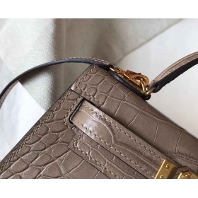 Hermes Kelly Mini II Handmade Bag In Grey Crocodile Embossed Leather