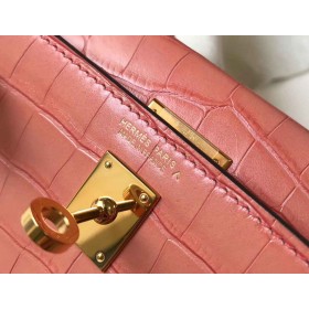 Hermes Kelly Mini II Handmade Bag In Pink Crocodile Embossed Leather