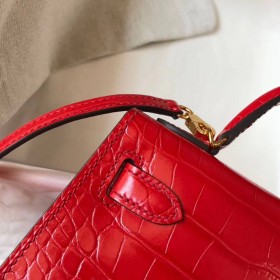 Hermes Kelly Mini II Handmade Bag In Red Crocodile Embossed Leather