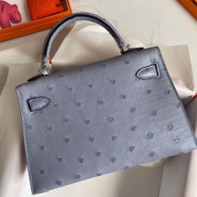 Hermes Kelly Mini II Handmade Bag In Blue Lin Ostrich Leather
