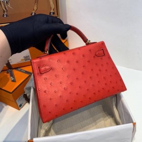Hermes Kelly Mini II Handmade Bag In Red Ostrich Leather