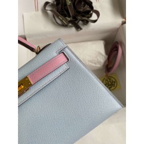 Hermes Kelly Mini II Sellier Bicolor Handmade Bag in Blue Brume and Mauve Sylvestre Epsom Calfskin