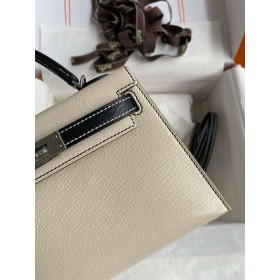 Hermes Kelly Mini II Sellier Bicolor Handmade Bag in Nata and Black Chevre Mysore Leather