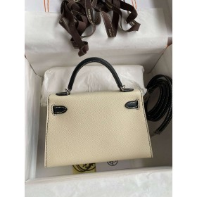 Hermes Kelly Mini II Sellier Bicolor Handmade Bag in Nata and Black Epsom Calfskin