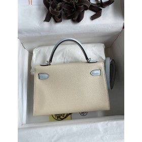 Hermes Kelly Mini II Sellier Bicolor Handmade Bag in Nata and Blue Brume Chevre Mysore Leather