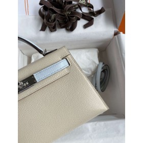 Hermes Kelly Mini II Sellier Bicolor Handmade Bag in Nata and Blue Brume Chevre Mysore Leather