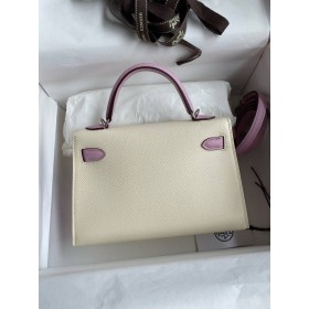 Hermes Kelly Mini II Sellier Bicolor Handmade Bag in Nata and Mauve Sylvestre Epsom Calfskin