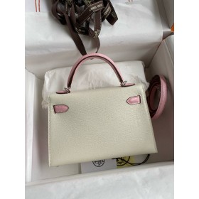 Hermes Kelly Mini II Sellier Bicolor Handmade Bag in Nata and Rose Sakura Chevre Mysore Leather