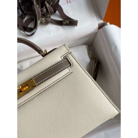 Hermes Kelly Mini II Sellier Bicolor Handmade Bag in Nata and Taupe Epsom Calfskin