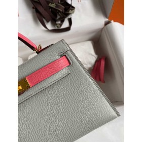 Hermes Kelly Mini II Sellier Bicolor Handmade Bag in Pearl Grey and Rose Azalee Chevre Mysore Leather