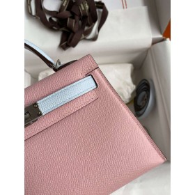 Hermes Kelly Mini II Sellier Bicolor Handmade Bag in Rose Sakura and Blue Brume Epsom Calfskin