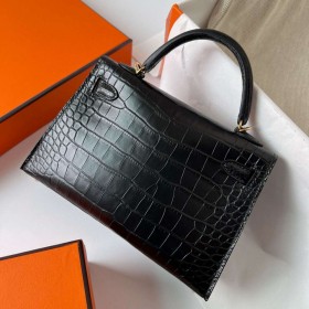 Hermes Kelly Mini II Sellier Handmade Bag in Black Matte Alligator Leather