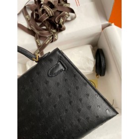 Hermes Kelly Mini II Sellier Handmade Bag In Black Ostrich Leather