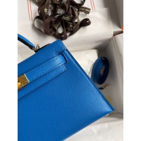 Hermes Kelly Mini II Sellier Handmade Bag In Blue Hydra Chevre Mysore Leather