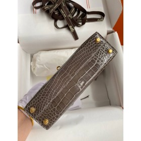 Hermes Kelly Mini II Sellier Handmade Bag in Gris Tourterelle Shiny Alligator Leather