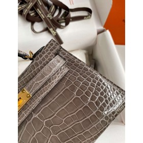 Hermes Kelly Mini II Sellier Handmade Bag in Gris Tourterelle Shiny Alligator Leather