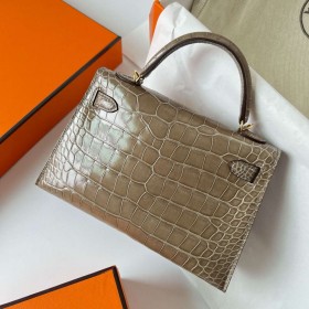 Hermes Kelly Mini II Sellier Handmade Bag in Taupe Shiny Alligator Leather