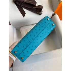 Hermes Kelly Mini II Sellier Handmade Bag in Turquoise Blue Ostrich Leather