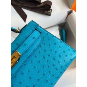 Hermes Kelly Mini II Sellier Handmade Bag in Turquoise Blue Ostrich Leather