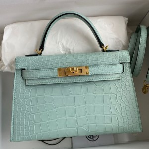 Hermes Kelly Mini II Sellier Handmade Bag In Vert Deau Matte Alligator Leather