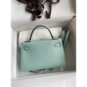 Hermes Kelly Mini II Sellier Handmade Bag In Vert Deau Matte Alligator Leather