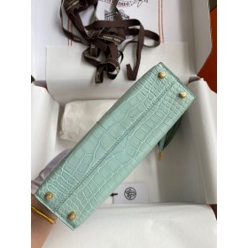 Hermes Kelly Mini II Sellier Handmade Bag In Vert Deau Matte Alligator Leather