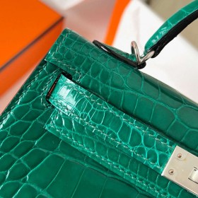 Hermes Kelly Mini II Sellier Handmade Bag in Vert Emeraude Shiny Alligator Leather