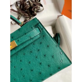 Hermes Kelly Mini II Sellier Handmade Bag In Vert Vertigo Ostrich Leather