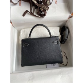 Hermes Kelly Mini II Sellier Verso Handmade Bag in Black and Blue Brume Epsom Calfskin