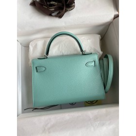 Hermes Kelly Mini II Verso Sellier Handmade Bag in Aqua Chevre Mysore Goatskin