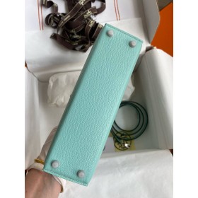 Hermes Kelly Mini II Verso Sellier Handmade Bag in Aqua Chevre Mysore Goatskin