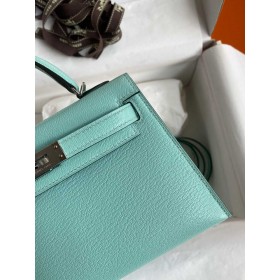 Hermes Kelly Mini II Verso Sellier Handmade Bag in Aqua Chevre Mysore Goatskin