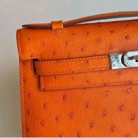 Hermes Kelly Pochette Handmade Bag in Orange Ostrich Leather