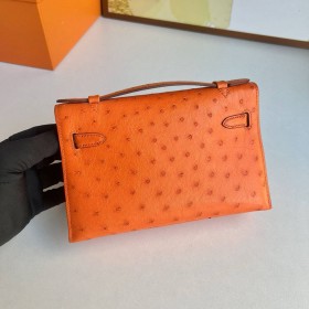 Hermes Kelly Pochette Handmade Bag in Orange Ostrich Leather