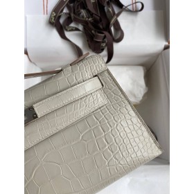 Hermes Kelly Pochette Handmade Bag In Beton Matte Alligator Leather