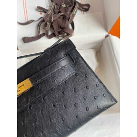 Hermes Kelly Pochette Handmade Bag in Black Cuite Ostrich Leather