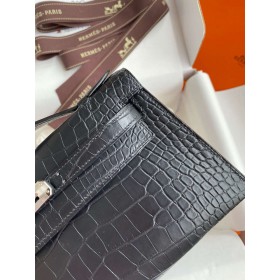 Hermes Kelly Pochette Handmade Bag in Black Matte Alligator Leather