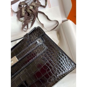 Hermes Kelly Pochette Handmade Bag In Black Shiny Alligator Leather