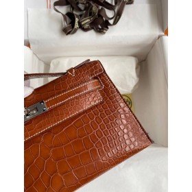 Hermes Kelly Pochette Handmade Bag In Gold Matte Alligator Leather