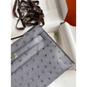 Hermes Kelly Pochette Handmade Bag In Gris Agate Ostrich Leather