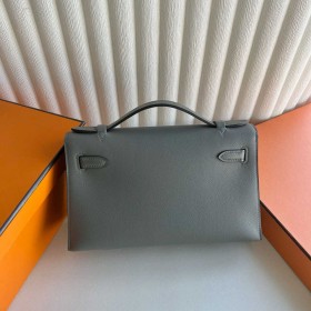 Hermes Kelly Pochette Handmade Bag in Gris Meyer Swift Calfskin