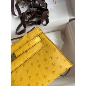 Hermes Kelly Pochette Handmade Bag In Jaune Ambre Ostrich Leather