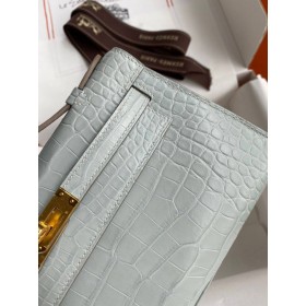 Hermes Kelly Pochette Handmade Bag In Pearl Grey Matte Alligator Leather
