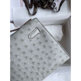 Hermes Kelly Pochette Handmade Bag In Pearl Grey Ostrich Leather