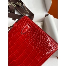 Hermes Kelly Pochette Handmade Bag In Red Shiny Alligator Leather